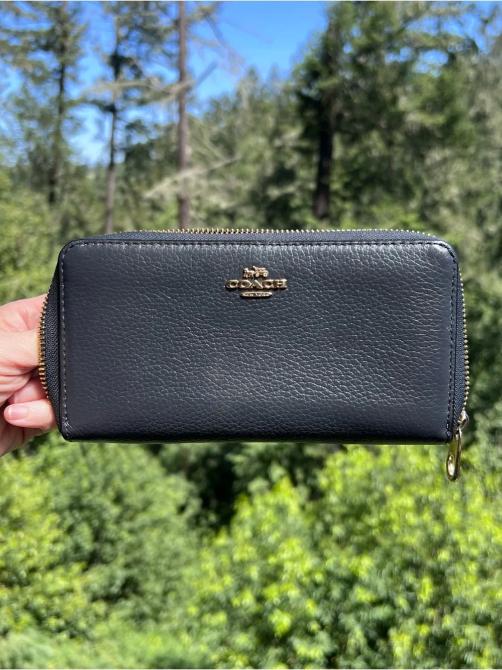 COACH Long Zip-Around Wallet Navy Pebble Leather w Gold Hardware AUTHENTIC